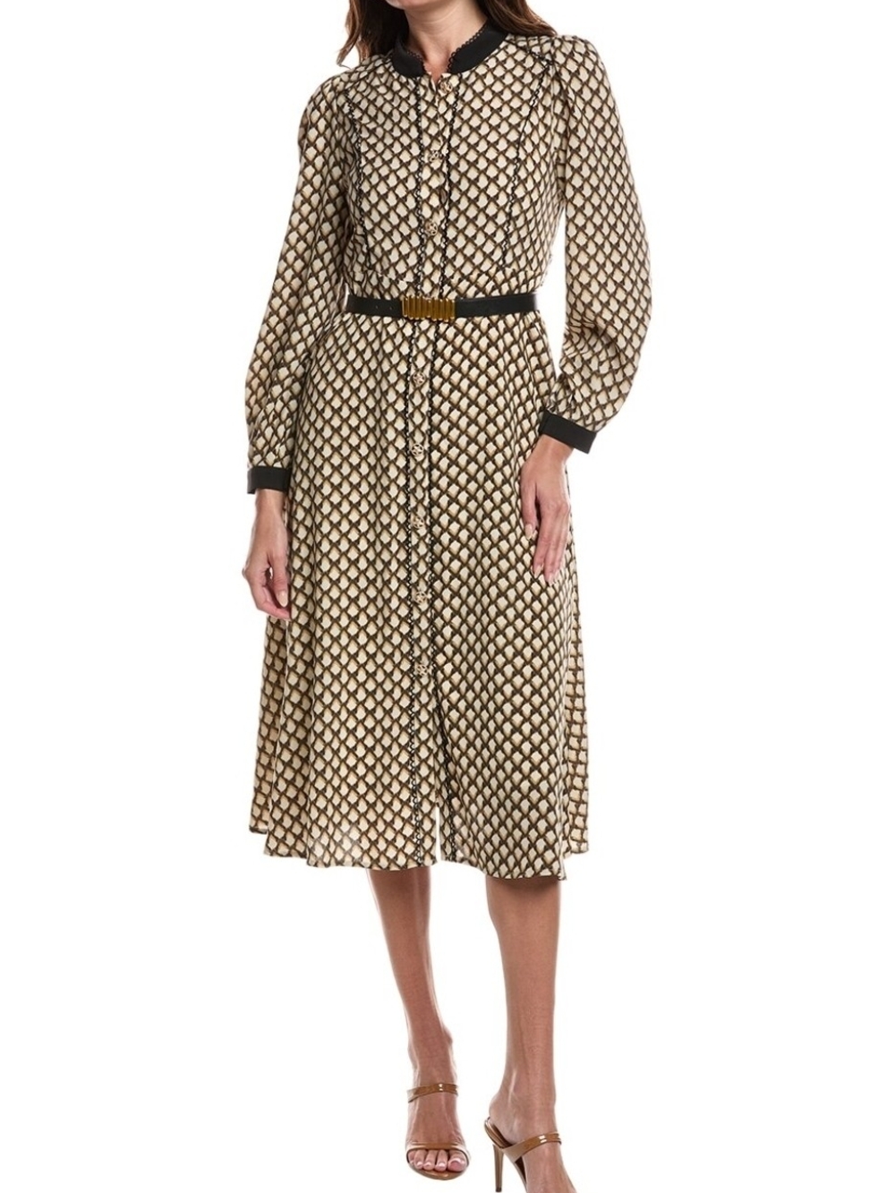 Gracia Cream and Black Belted Printed Midi Shirt Dress.